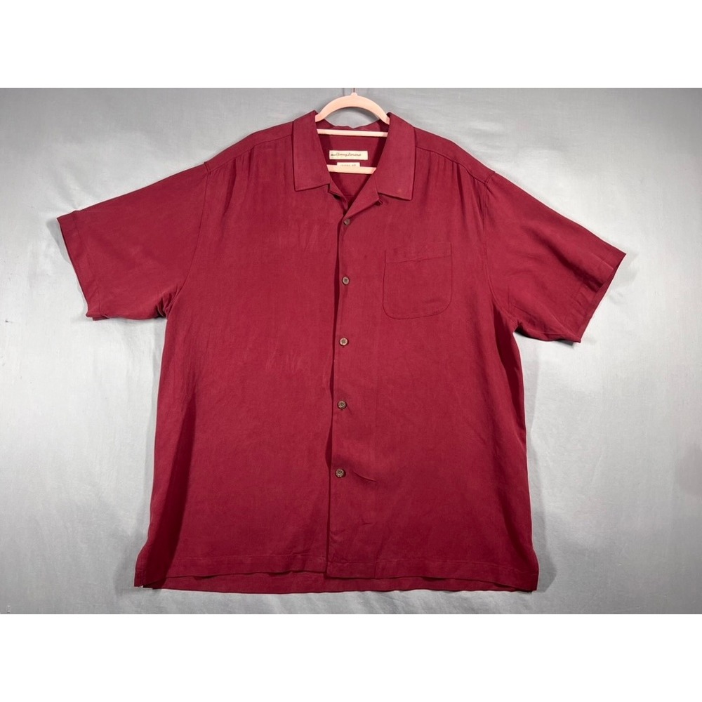 Tommy Bahama Mens XL Silk Herringbone Camp Shirt Burgundy Red Short Sleeve